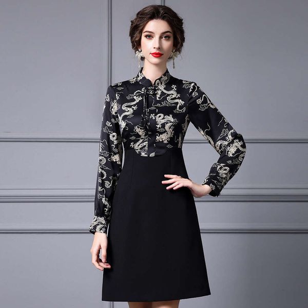 National Style Dragon Print High Waist Slimming Stand Up Collar Patchwork Fake Two-piece Dress Autumn 2024 New Item Temperament Waist SKINNY