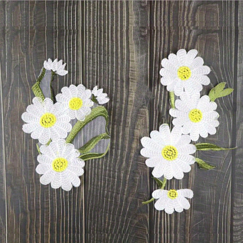 TEMU Pair Of Large Daisy Iron-on-like Sew-on Fabric Patches - Large Daisy Flower Appliques With Green Leaf Stem For Jeans, Jackets, Dresses, Bags -