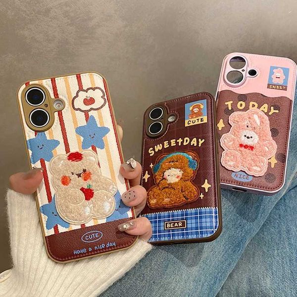 Hot Sale Cute 3D plush embroidered bunny bear phone case suitable for iPhone 11 12 13 14 15 16 Pro Max leather Litchi texture back cover T24