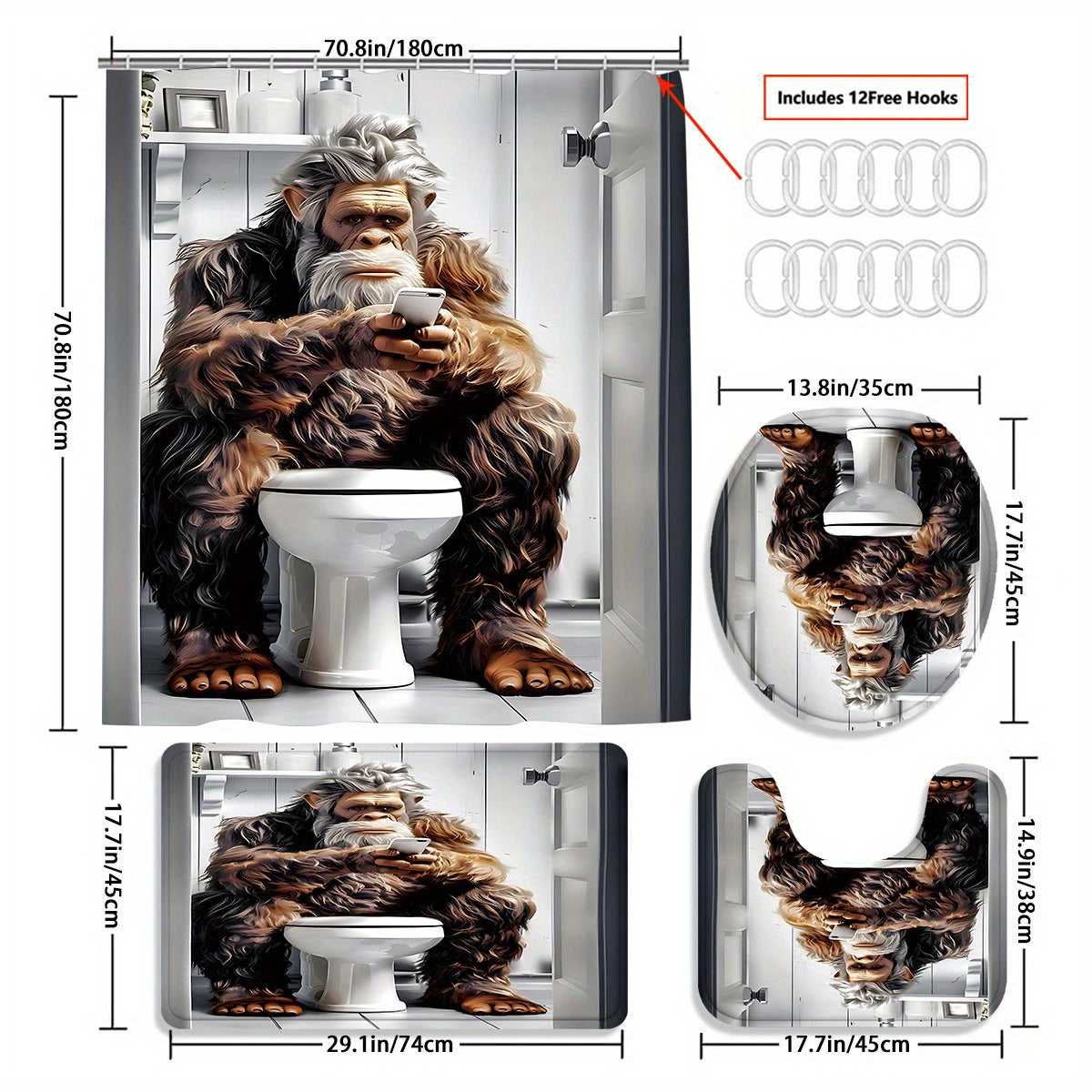 TEMU 4pcs Hairy Monster Pattern Bath Curtain Set, High Quality Bath Curtain For Bathtub Partition, High Quality Bathroom Partition Curtain With 12