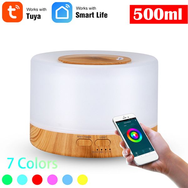 Essential Oils Diffusers Smart Ultrasonic Air Humidifier Tuya WiFi Essential Aroma Oil Diffuser 500ml Wood Grain Air Humidifier Mist Maker 7