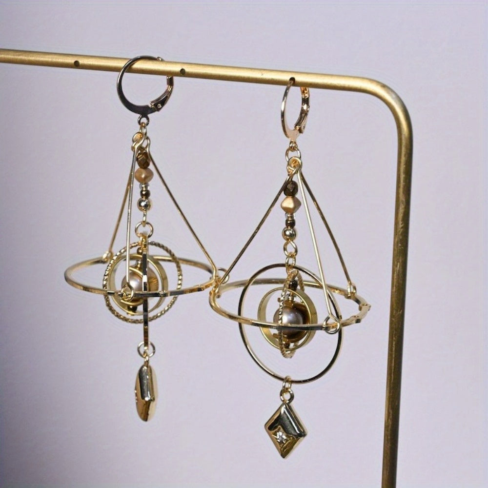TEMU Handmade Solar System Earrings - Bohemian Celestial Jewelry With Golden-tone Planets & Gemstone Accents, Lightweight For Casual Attire, Unique