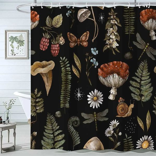 Vintage Mushroom Shower Curtains Nature Forest Woodland Butterfly Plants Flowers Bath Curtain Black Bathroom Decor with Hooks Y240815