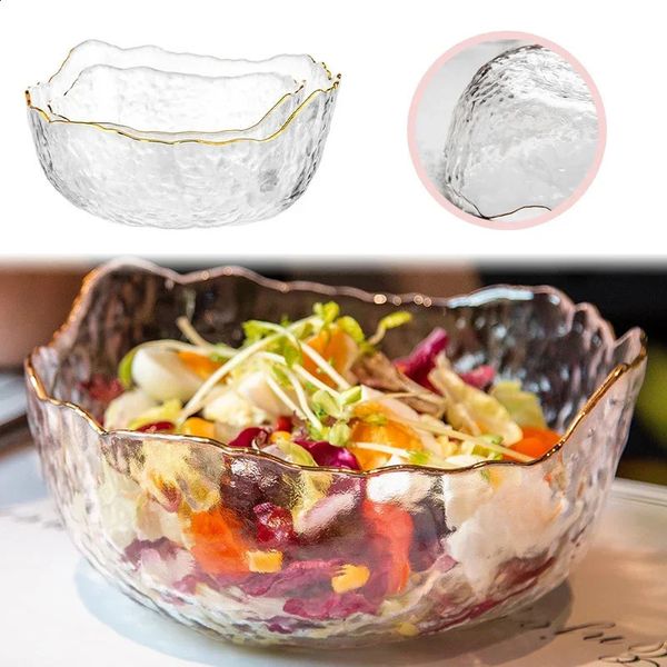 Japanese irregular hammer glass dinner bowl gold edged fruit plate salad tools kitchen utensils decoration snacks 240826