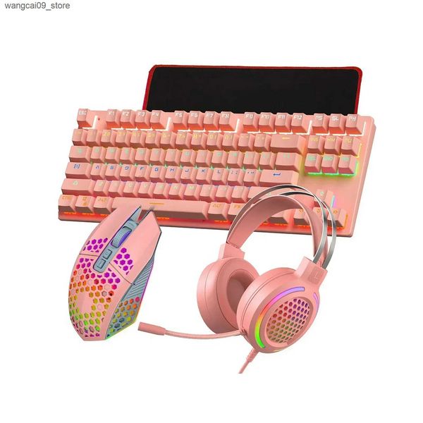 Keyboards Office Combo Gaming Keyboard PBT RGB Backlit 87 Keys Mechanical USB Wired PC Mute Gift With Mouse Headphone Pad J241218