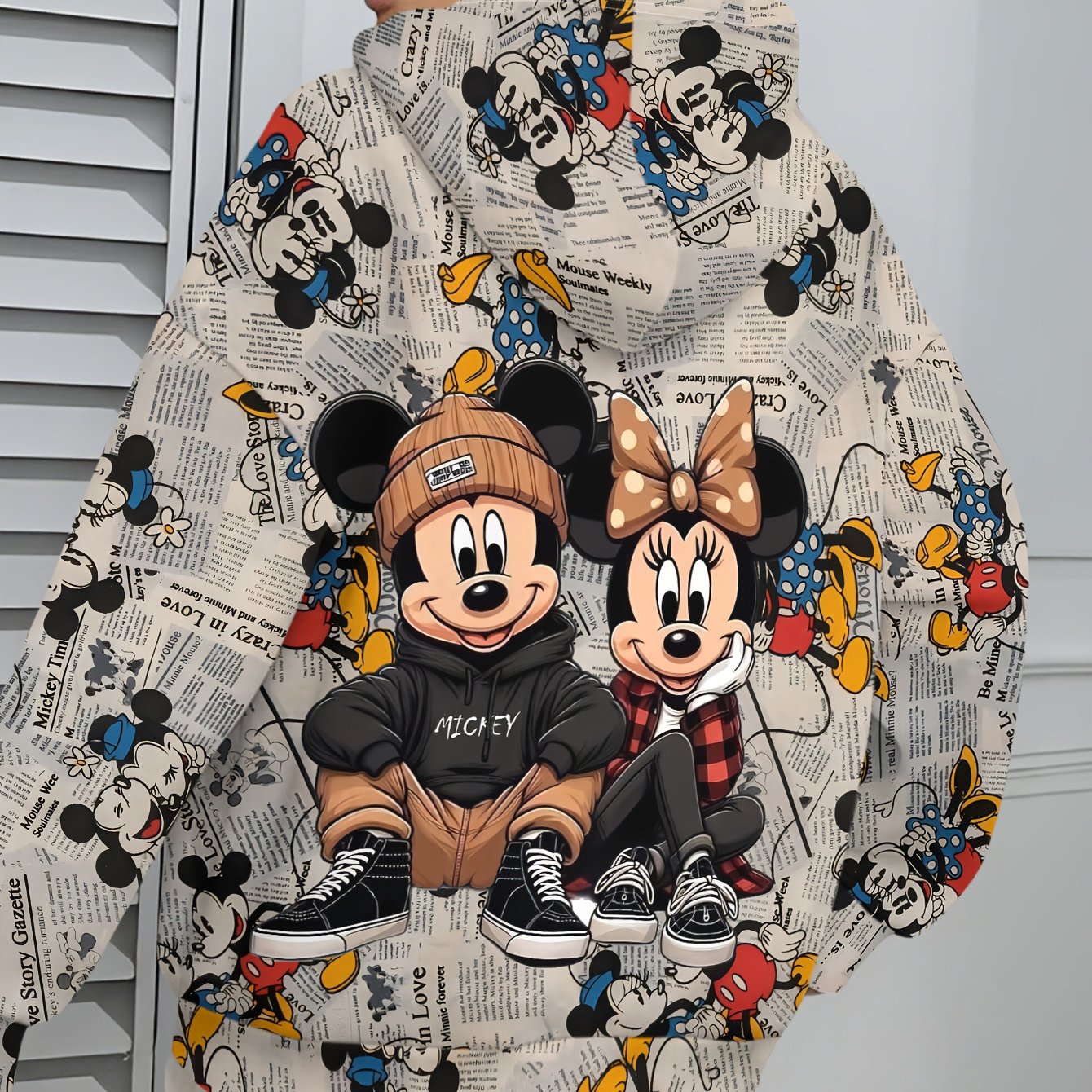 TEMU Women's Officially Licensed & Mouse Vintage Newspaper Print Zip-up Jacket With Drawstring Hood - Casual Outerwear, Cartoon Graphic Coat, Durable