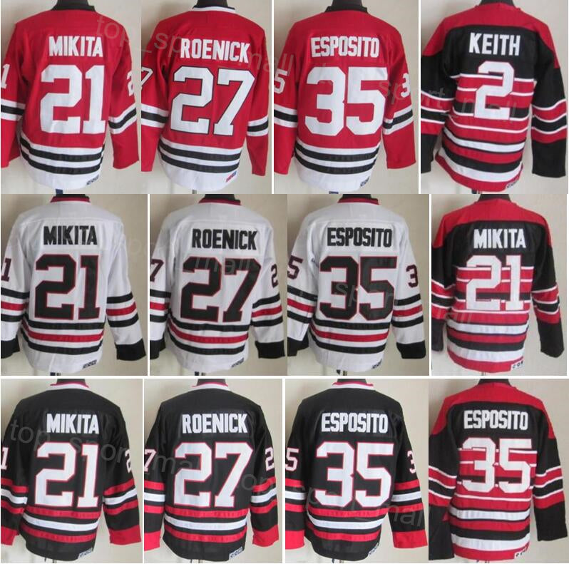 Men Retro Hockey 35 Tony Esposito Jersey Vintage Classic 27 Jeremy Roenick 21 Stan Mikita 2 Duncan Keith Embroidery And Sewing Retire Pure Cotton Fo