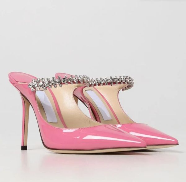 Luxury design dress shoes Women sandal BING heel Mules sandals jewel strap high heel crystal-strap patent leather and pointe toe slipper sli