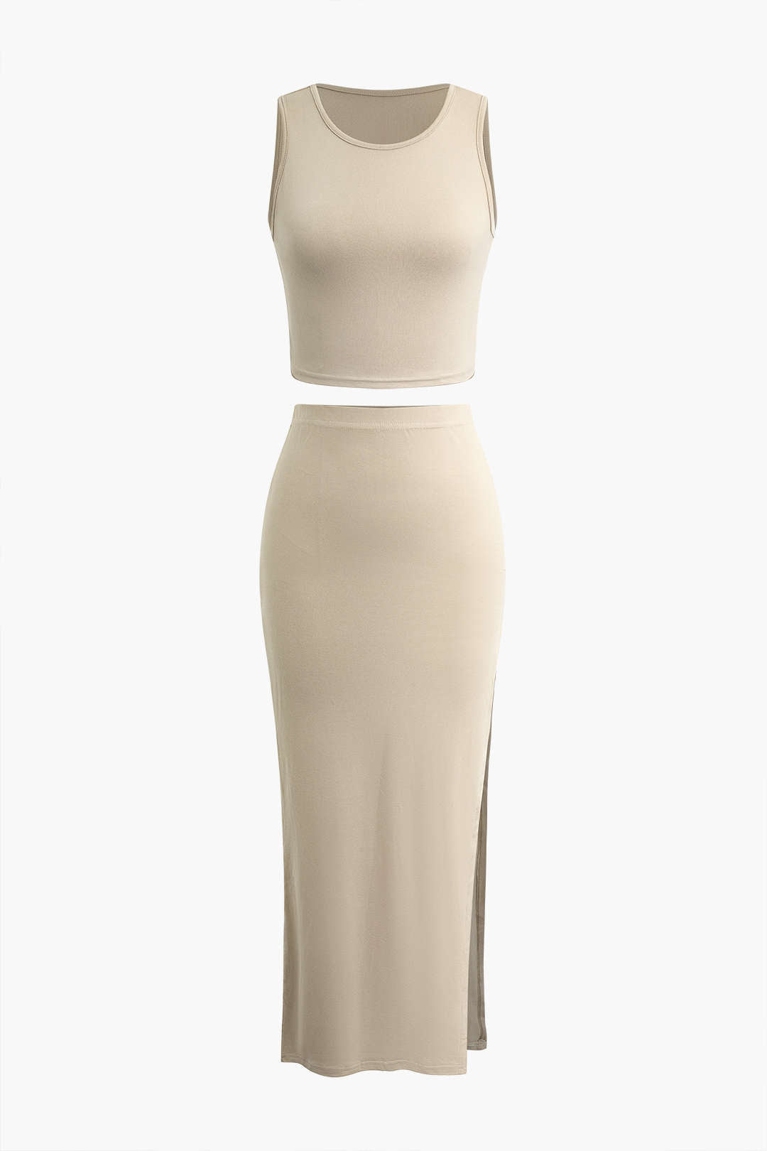 Basic Solid Crop Tank Top And Split Skirt Set