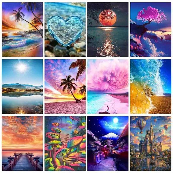 RUOPOTY Round Diamond Embroidery Sunset Beach Landscape Painting Cross Seam Mosaic Picture 5d DIY Handmade Gift W240807