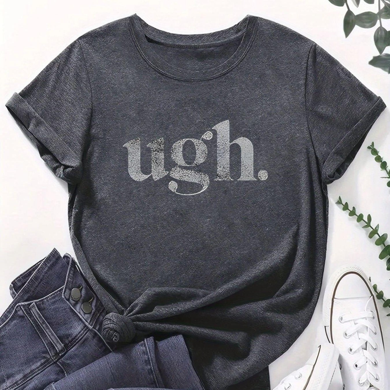 TEMU Women's Casual Short Sleeve T-shirt - Black Tee With "ugh" Graphic Print, Relaxed Fit Round Neck Top For Spring Summer Travel & Casual Attire,