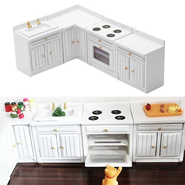 1-12 Scale Dollhouse Miniatures Lot Kitchen Furniture Set of Cabinet Model Decor Wooden Furniture Dolls House Furniture Kits Y240807