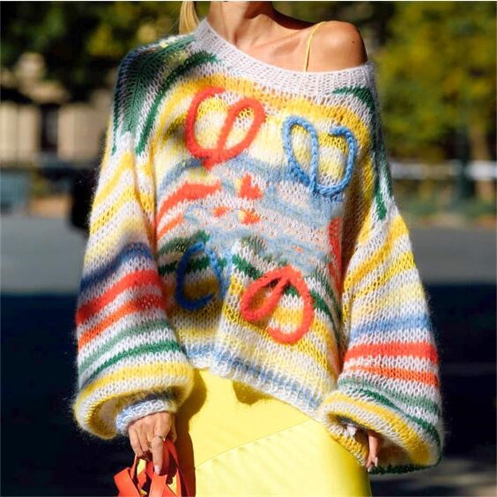 Spring Autumn Womens Sweaters Jacquard Knitting Color Matching Striped Women&#039;s Sweater Casual Loose Pullover Top