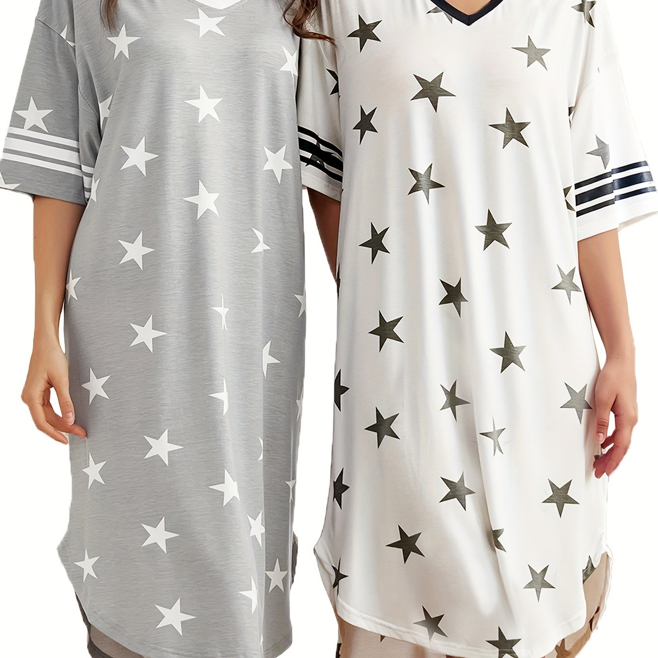 TEMU 2-pack Nightgowns For Women Sleepwear Loose Short Sleeve Nightdress V Neck Print Comfy Nightshirt