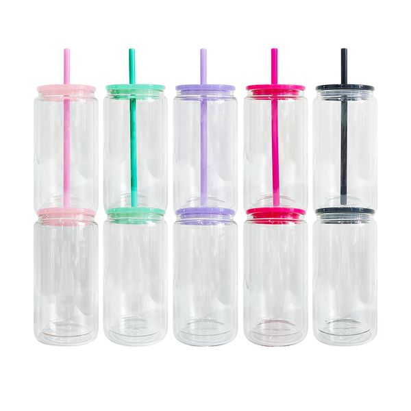 DIY glitter Reusable transparent blank sublimation pre drilled hole snow globe 15oz double wall beer glass with colored pp lids and straw