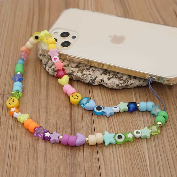 Cell Phone Straps Charms 1Pcs Ethnic Resin Multicolor Star Heart Beads Mobile Phone Chain for Women Long Acrylic Beaded Phone Lanyard Jewelr