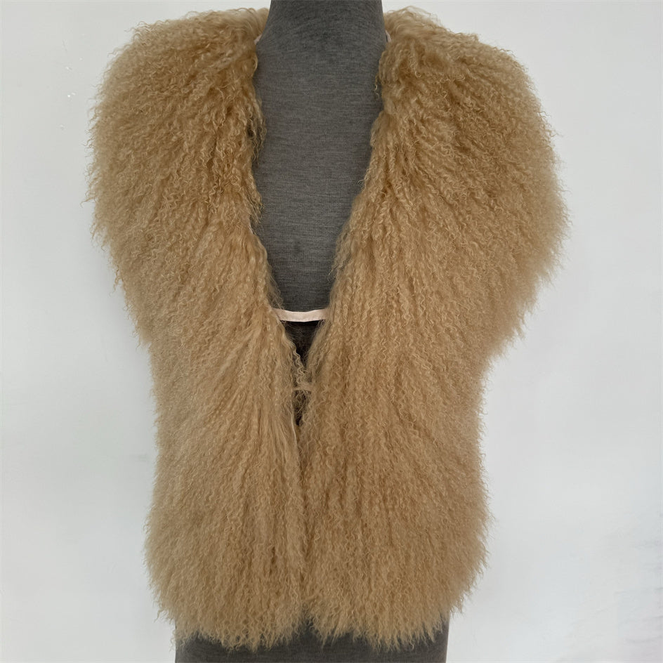New Real Mongolian Fluffy Fur Halter Top Vests Backless Bandage Sleeveless Jackets Top Outerwear Coat