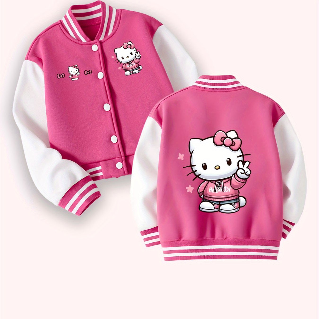 TEMU Hello Kitty ' Striped Baseball Jacket With Iconic Hello Kitty Logo Patch - , Birthday Party Outfits & Casual Attire, College Varsity Jacket,