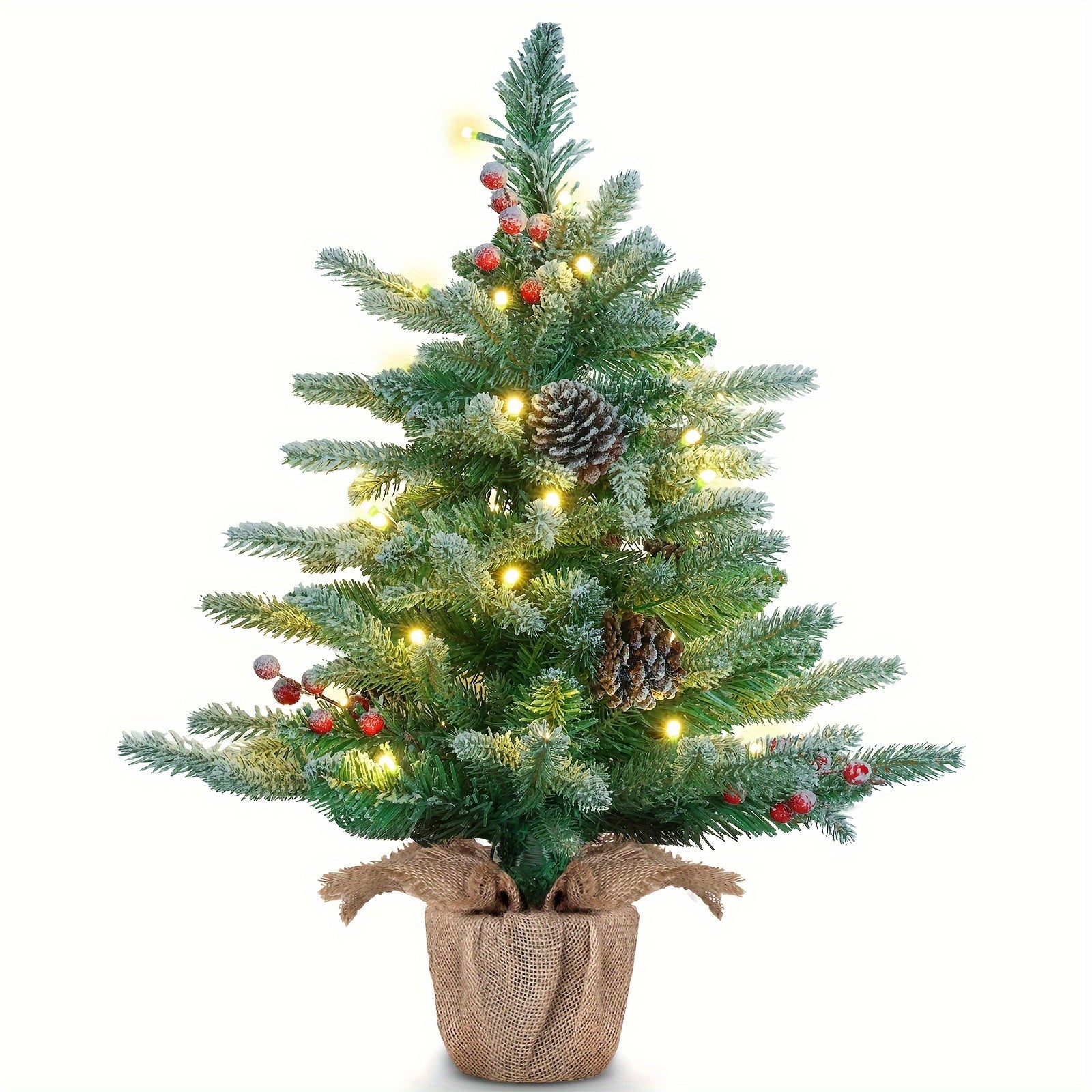 TEMU 24in Tabletop Christmas Tree, Battery Operated Small Tree, Artificial Flocked Mini Christmas Tree Decoration, Warm Yellow & Led Lights, Red