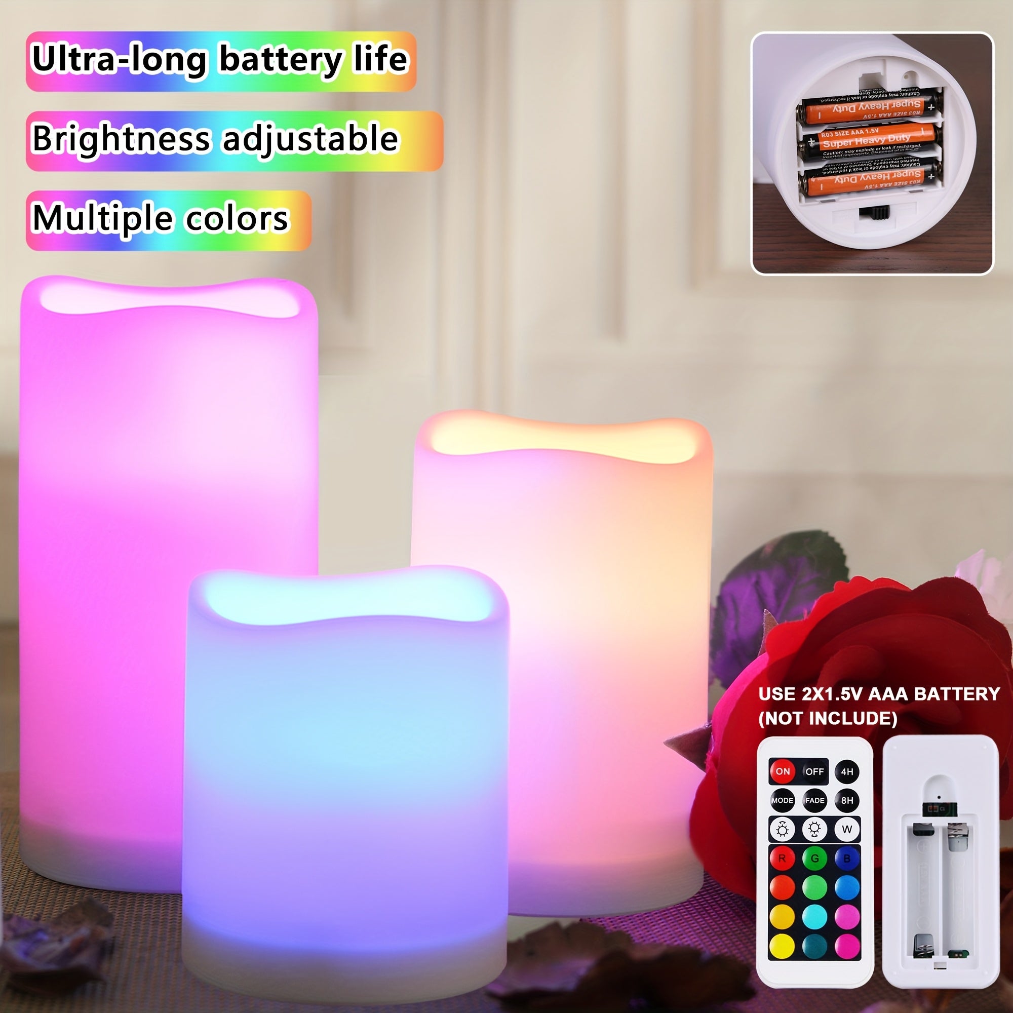 TEMU 3-pack Realistic Flameless Led Candles With Remote Control & Timer, Flame Effect, Rgb- Options (pink-white-cool White) - Battery- Plug- For