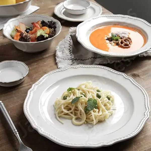 Ceramic Plates Nordic Style Vintage Dinner Plate Steak Pasta Dish Set Household Bowl Coffee Cup g Restaurant Tableware Y250208