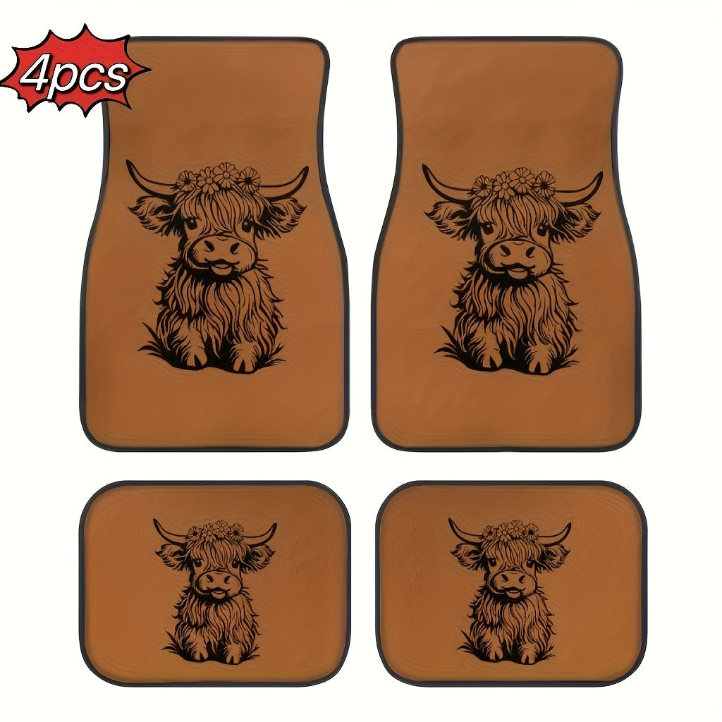 TEMU 4pcs Car Floor Mats With Cute Highland Cow Design - Absorbent, Non-slip & Washable - Stylish Interior Protection For Cars, Trucks, Suvs -