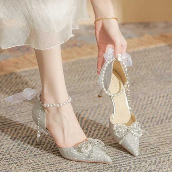 Warm high heels sandals summer Fi bow pearl rounded head pump elegant rounded sandals party womens shoes Y241115