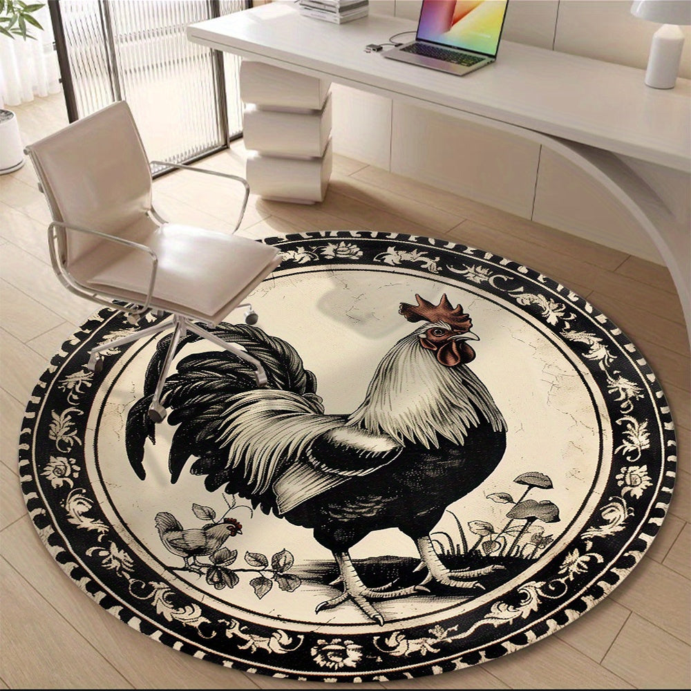 TEMU Non-slip Round - Vintage Rooster & Floral Non-slip Floor Mat, Black And Decor For Home, Office, Entryway - Easy To Clean Non-woven Mat With