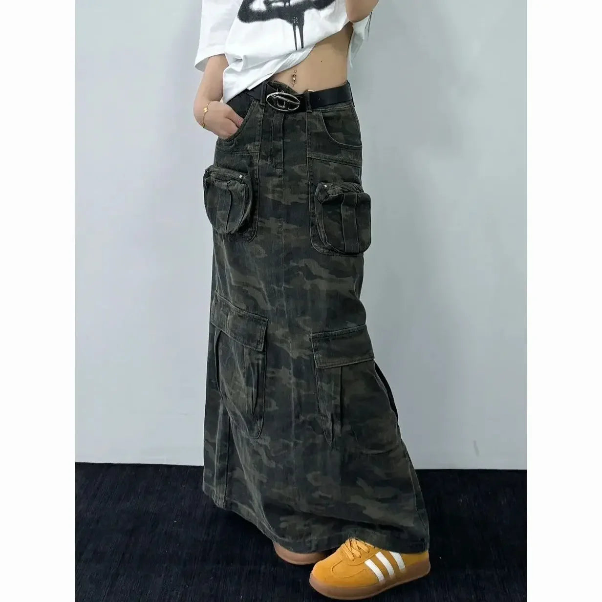 Fashion American Retro Washed Camouflage Denim Pocket Long Skirt Autumn High Street Loose Casual A-line Cargo Skirts for Women