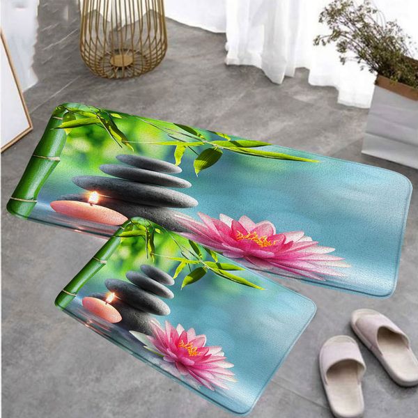 Zen Kitchen Floor Mats Green Bamboo Running Water Pink Lotus Orchid Stone Nature Scenery Home Decor Carpet Non-slip Rug Bath Mat