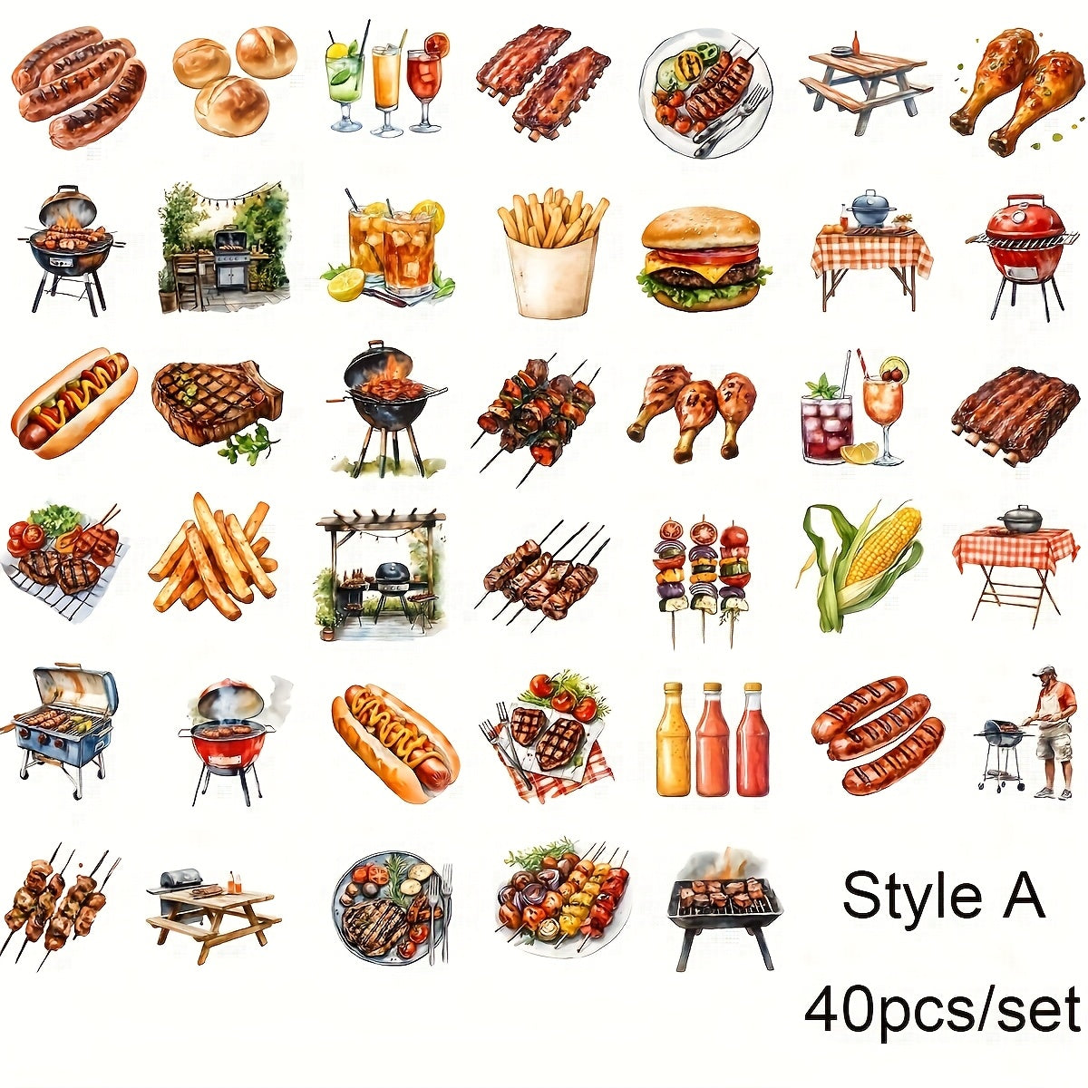 TEMU 40pcs Mixed Food Themed Decal Set, Vintage & Contemporary Style, Self-adhesive Embroidered Paper Designs, Reusable, Matte , With Striped &