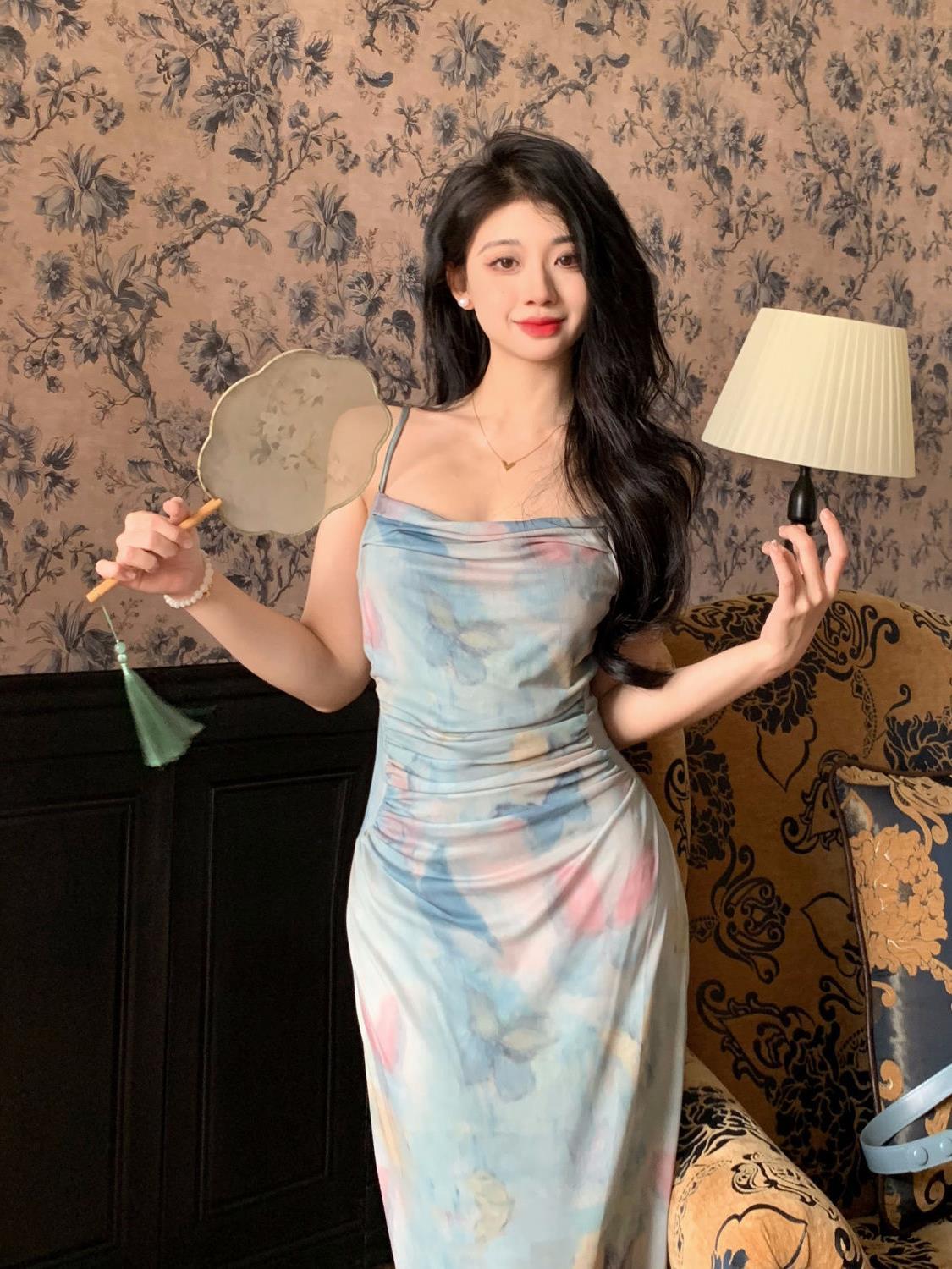 216 suspenders seaside holiday style large size slim waist dress new butterfly mesh Chinese aesthetic retro