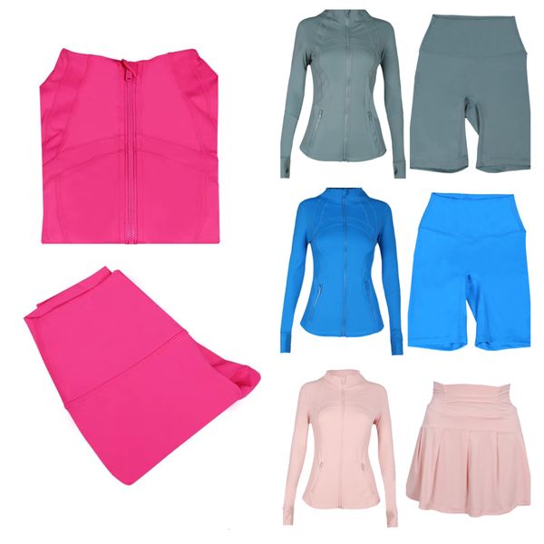 LL1633 Women Tracksuits Yoga Two Piece Sets Suit Fitness Leggings Shorts High Waist Sports Jackets Zip Up Coat Elastic Sportswear Gym Suits