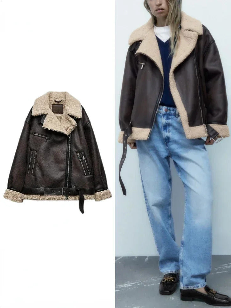 Womans Thick Warm Double Faced Faux Shearling Jacket Fall Winter Lapel Long Sleeve Belted Hem Zip Clre Female Outerwear 240823