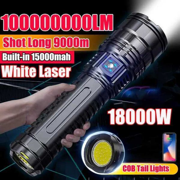 10000000LM LED white laser with built-in battery flash emergency spotlight 5km the most powerful LED flashlight tactical 15000mAh X241109