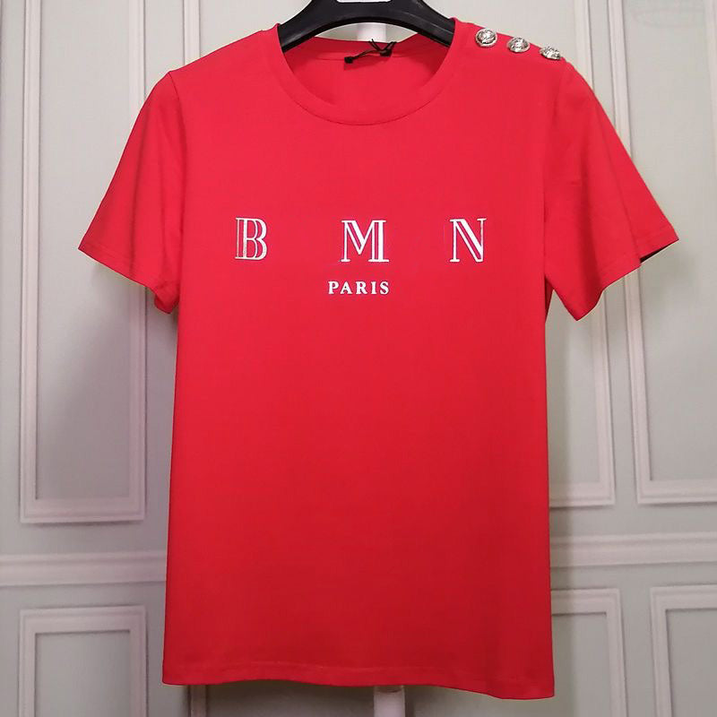 France fashionable dress brands plain t shirt summer bronzing letter Graphic Pure cotton Round neck couple metal button man womans Clothing Short sl