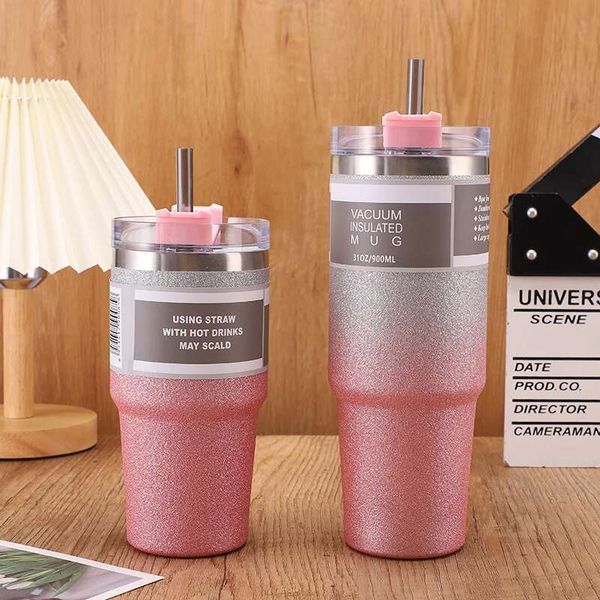 600-900ml Coffee Mug Dia Paint Thermos with Lid and Straw With Handle Insulated Tumblers Vacuum Stainless Steel Beer Cup