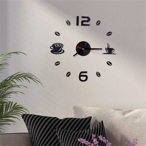20 inch wall clock circular digital coffee cup modern design acrylic wall clock sticker DIY home living room decoration W240806