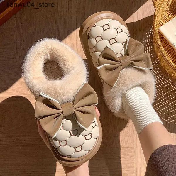 Casual Shoes Platform Ankle Boots Female Bowknot Designer Winter Snow Booties Indoor Fluffy Slippers Women House Flats Fashion Footwear Warm