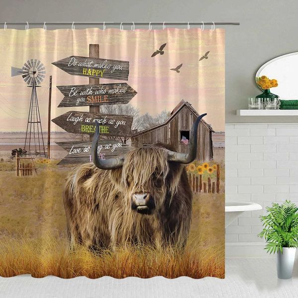 Farm Cow Shower Curtain Set Highland Cow Windmill Sunflower Printed Fabric Farm Bathroom Decoration Bathroom Accessories Set W240808