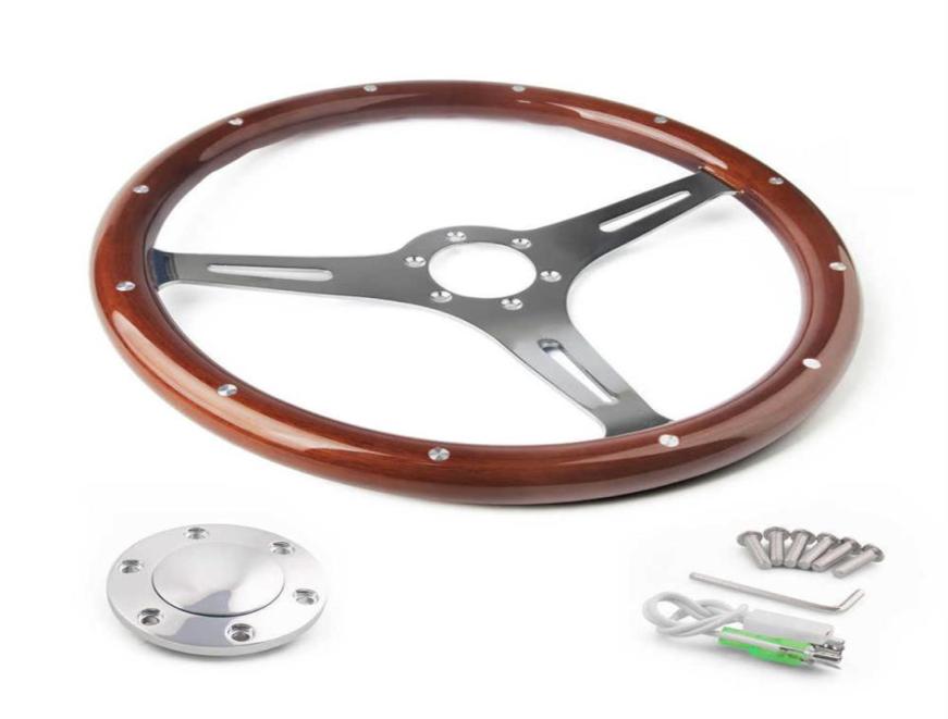 Racing Car 380mm 15 Classic Wooden Steering Wheel Chrome Silver Spoke Vintage Classic Wood Grain Steering Wheel Car263p3401653