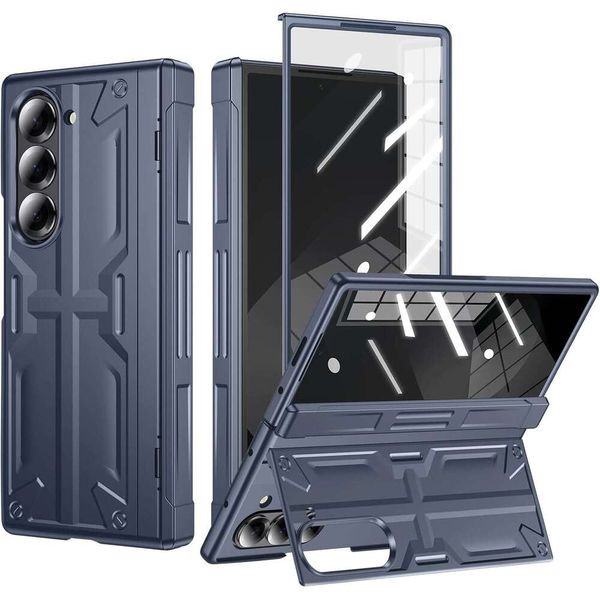 Fold-6 Stand Slim Hinge Case with Screen Protector Support Wireless Charging - Soft Full Body Protective Phone Cover for Galaxy Z Fold6 Blue