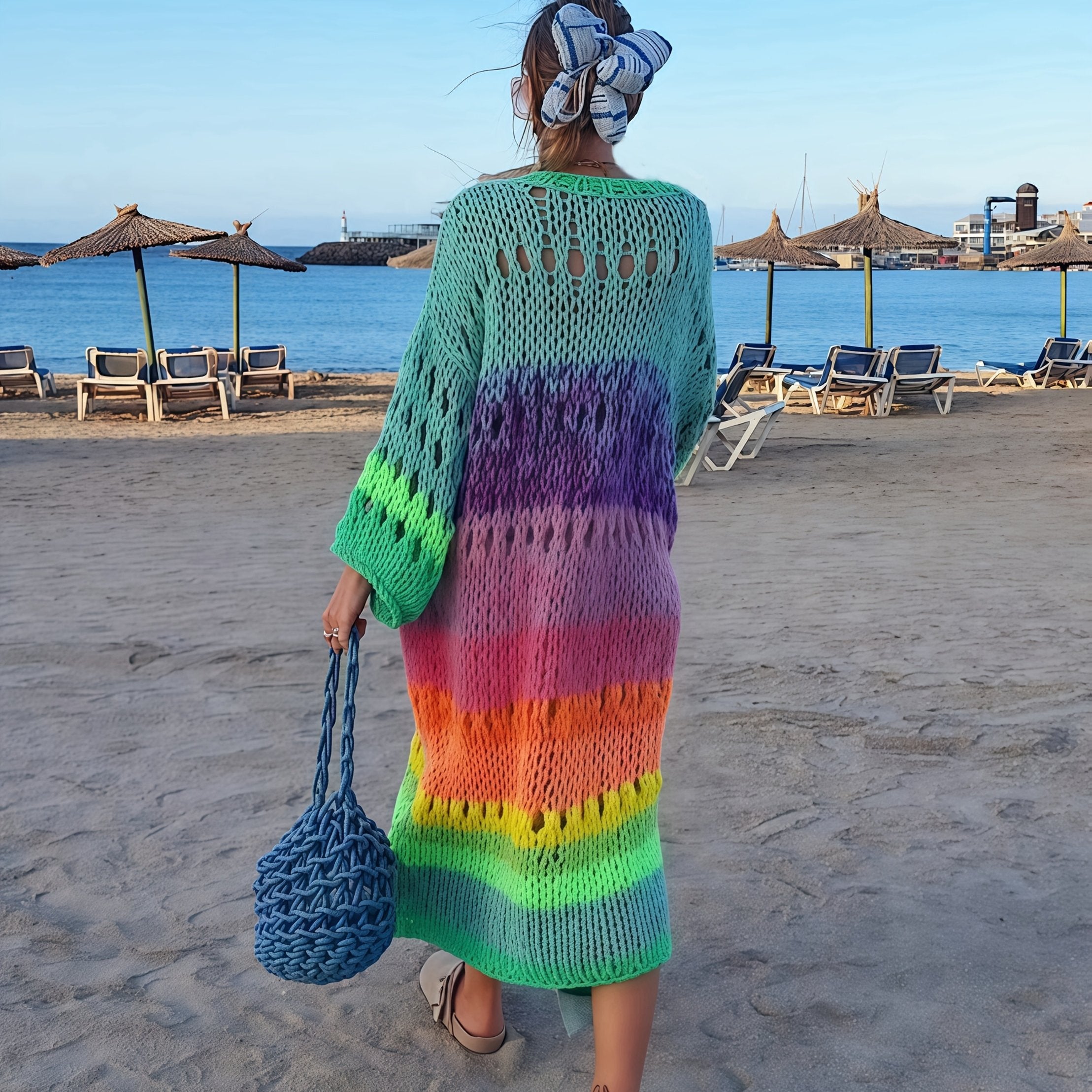 TEMU Luxurious Hand- Colorful Women's Warm Coat Gradient Retro Lantern Sleeve Ribbon Cardigan Fashionable Boho Long Chic Women's Coat Swimsuit K12