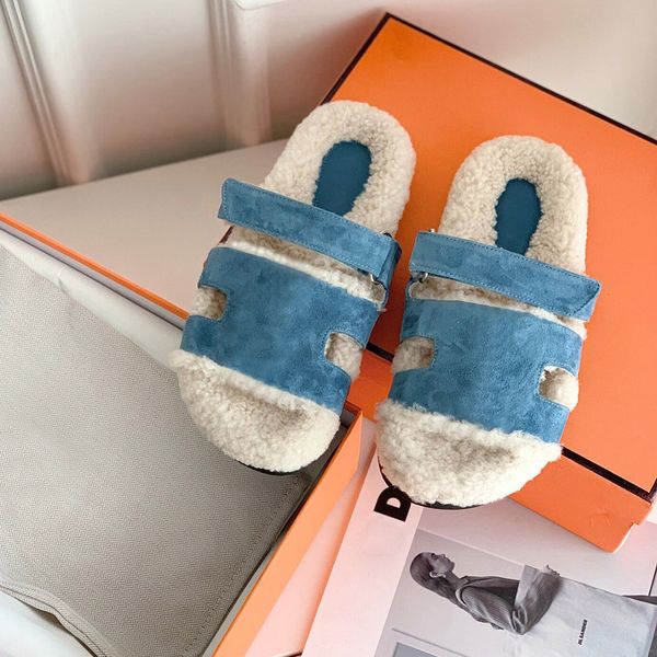 H Sandals Luxury Designer Fur Slippers Trendy Fur Slides Sandals Women Men Fluffy Shearling Wool Flat Bottom Slippers Winter Fashion Outdoor
