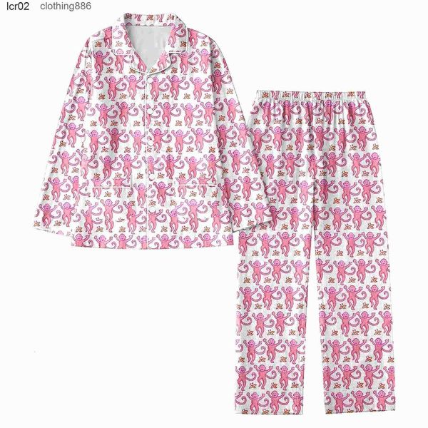 Womens Sleepwear 2-piece Pajama Set Casual Cute Roller Rabbit Print Long Slip Shirt+pants Lapel Womens A2