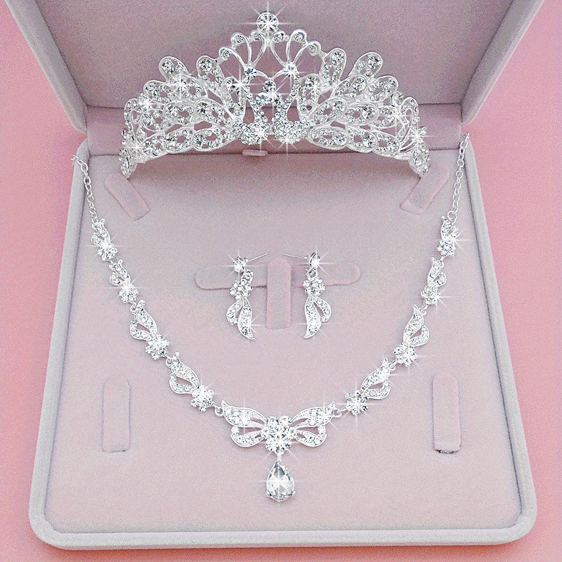 TEMU Elegant Bridal Tiara, Necklace And Earrings Set - 3pcs, Alloy, Crystal Embellishments, Weddings And Formal Events, Special Occasion