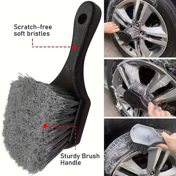 Automotive wheel brush with soft bristles, non-slip plastic handle, scratch-free tire cleaning tool for vehicle details