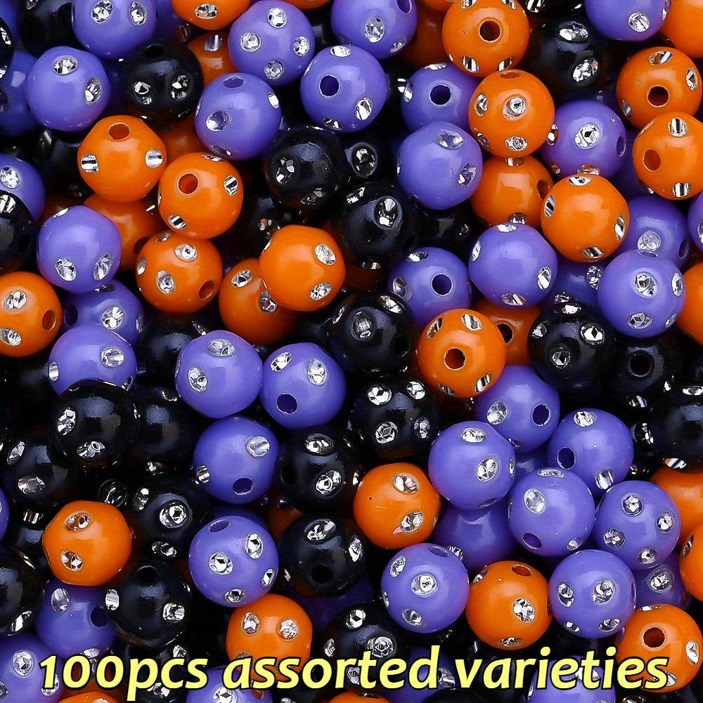 TEMU 100pcs Halloween Beads - Orange, Purple, Black, Clear - Glossy Finish For Jewelry Making, Party Decorations, Diy Crafts - Compatible With Wires,
