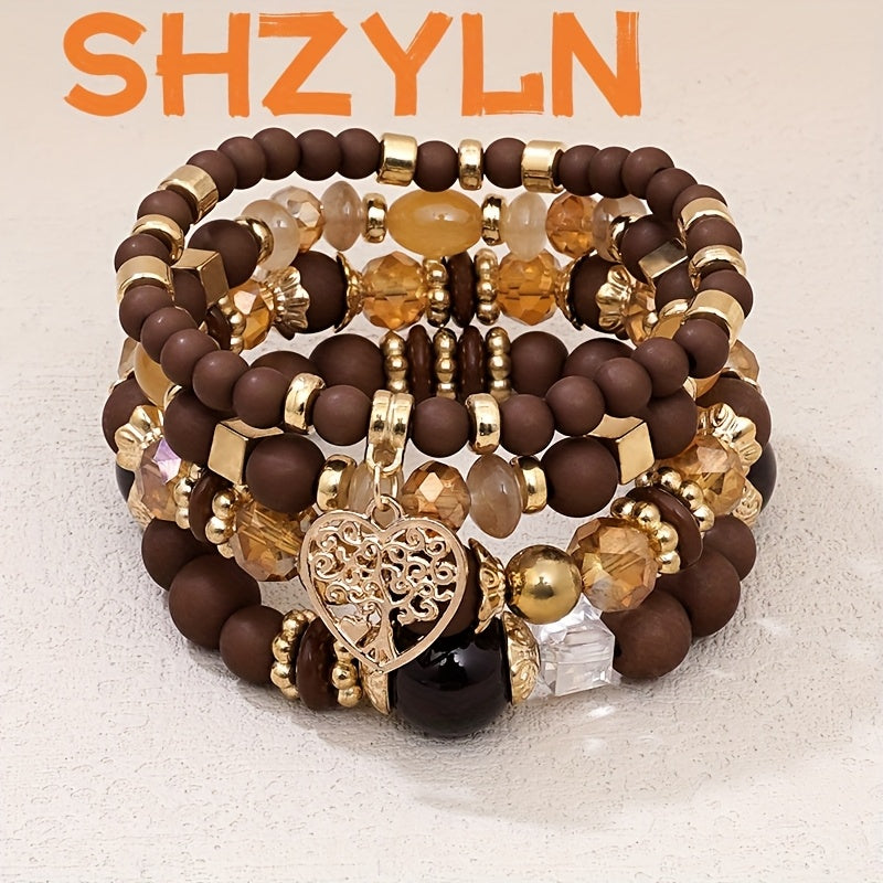 TEMU 4pcs Bohemian Multi-layered Vintage Bead Bracelet Set With Heart Pendant, Fashion Jewelry, For Women And Men To Wear And Give For ,