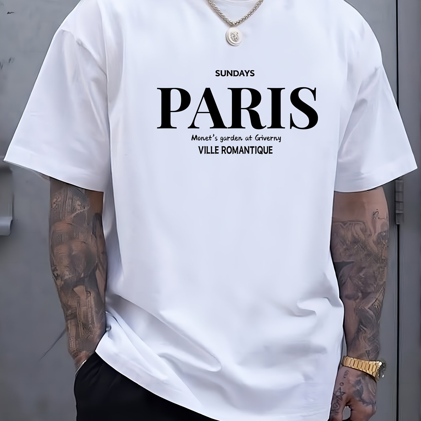 TEMU " Paris " Creative Print Summer Casual T-shirt Short Sleeve For Men, Sporty Style, Neck Top For